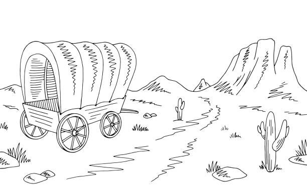 Prairie covered wagon graphic black white american desert sketch landscape illustration vector stock illustration