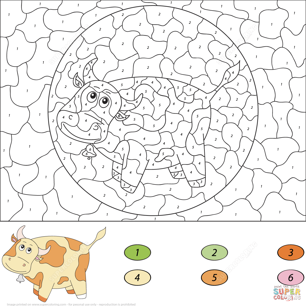 Cow color by number free printable coloring pages