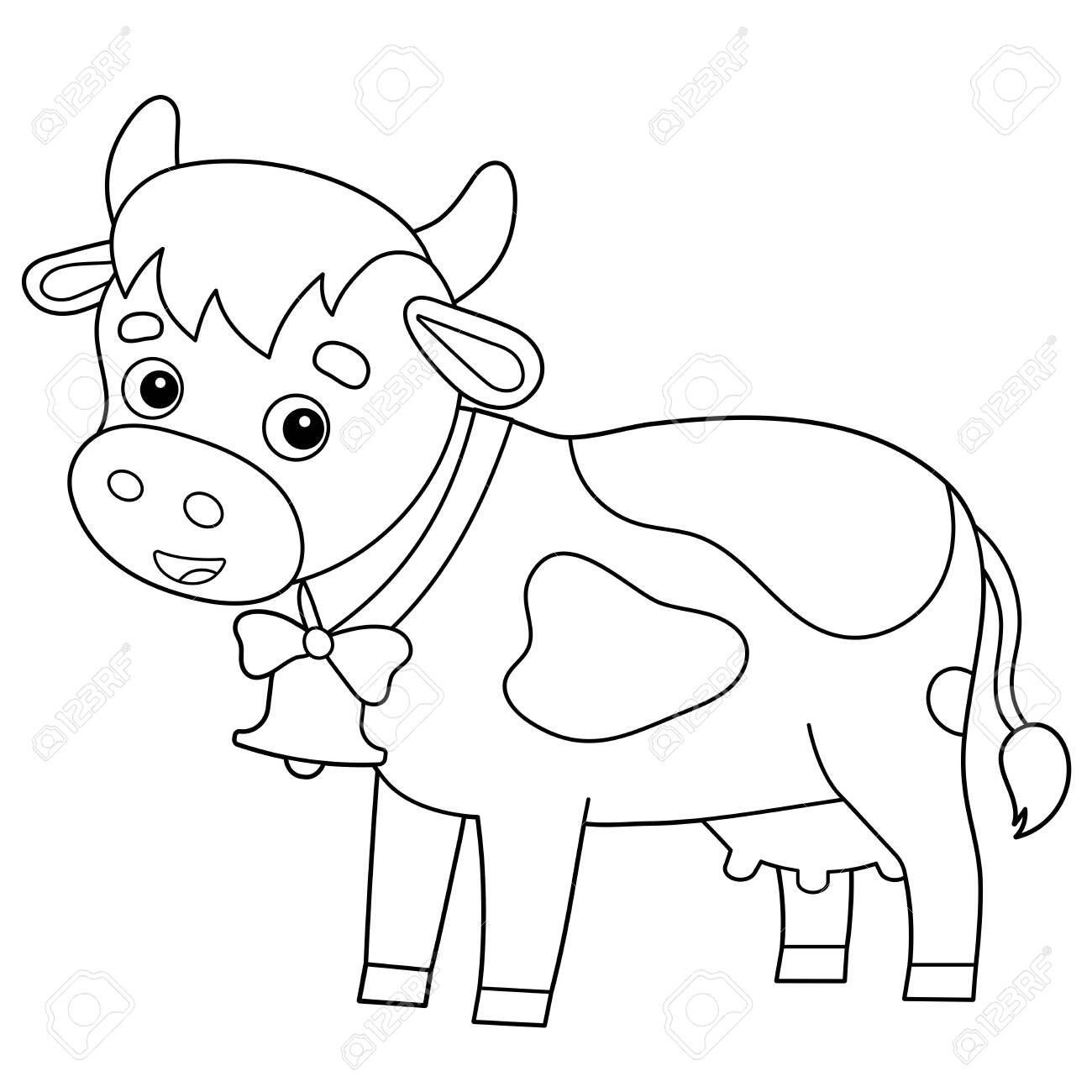 Coloring page outline of cartoon cow with bell farm animals coloring book for kids royalty free svg cliparts vectors and stock illustration image