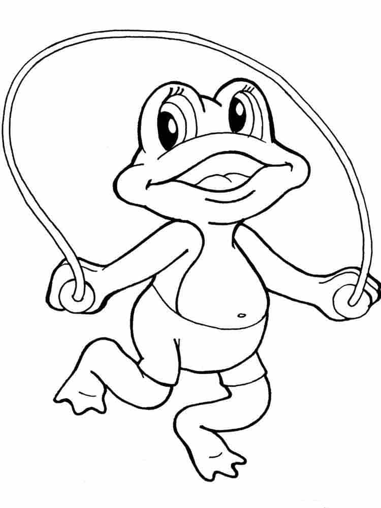 Frog in shorts jumping on a rope coloring page