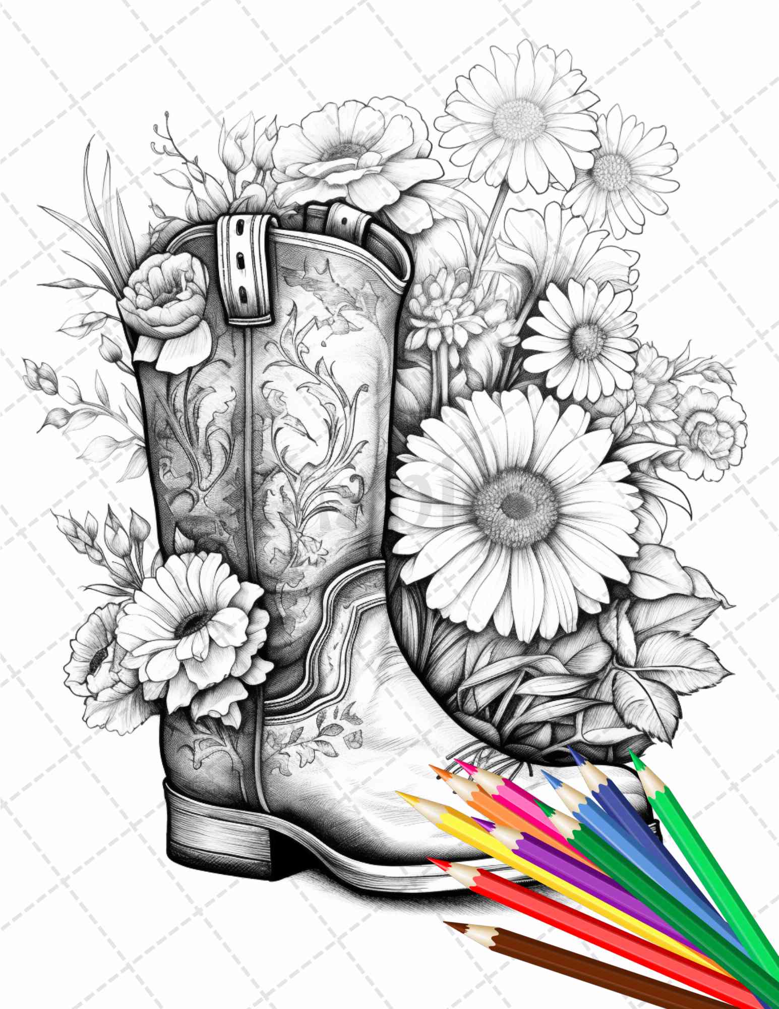 Flower boots coloring pages printable for adults floral grayscale â coloring