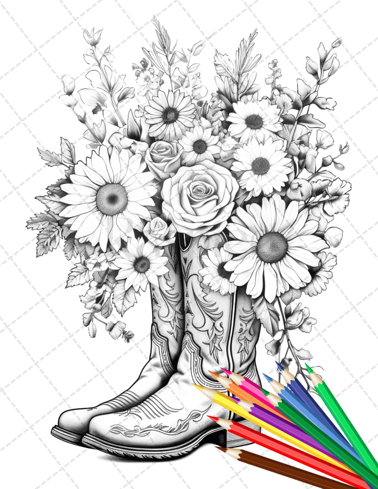 Flower boots coloring pages printable for adults floral grayscale â coloring