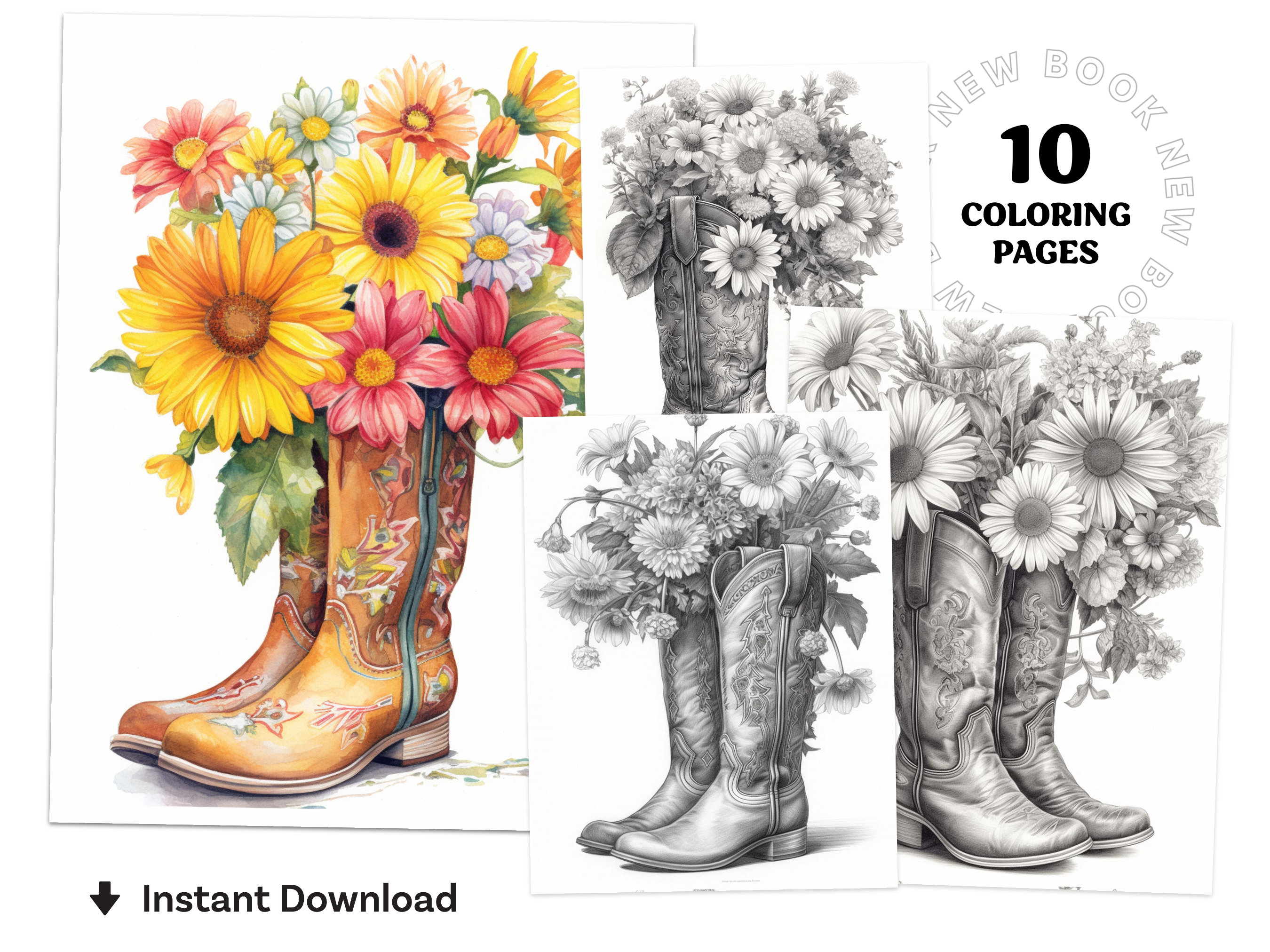 Beautiful flowers cowboy boots coloring book printable coloring page for adult coloring book digital download grayscale coloring page