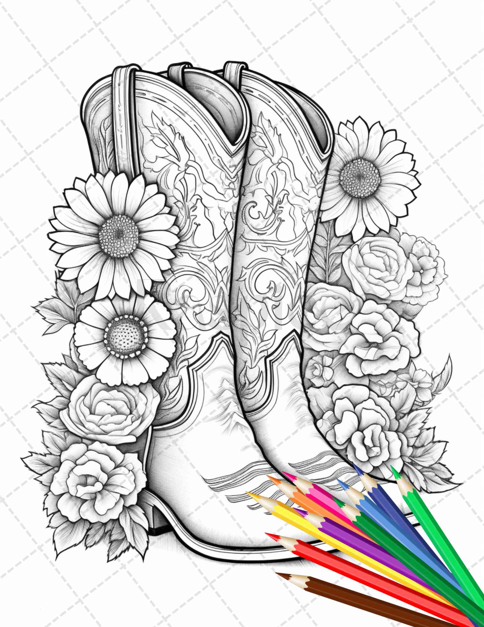 Flower boots coloring pages printable for adults floral grayscale â coloring