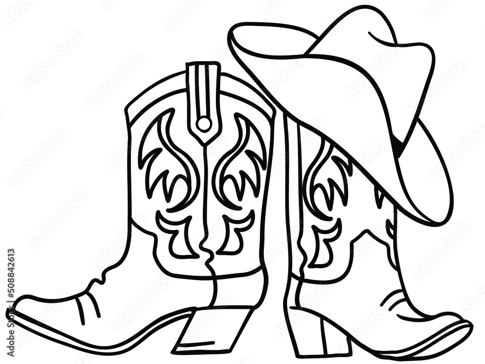 Cowboy boots and hat handdrawn graphic illustration isolated on white vector outline illustration of rodeo clothes for cowboy vector