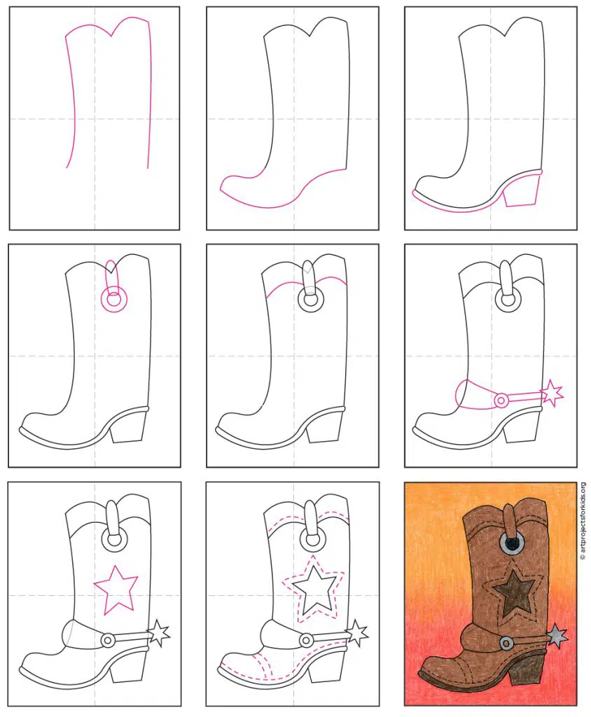 Easy how to draw cowboy boots tutorial and cowboy boot coloring page