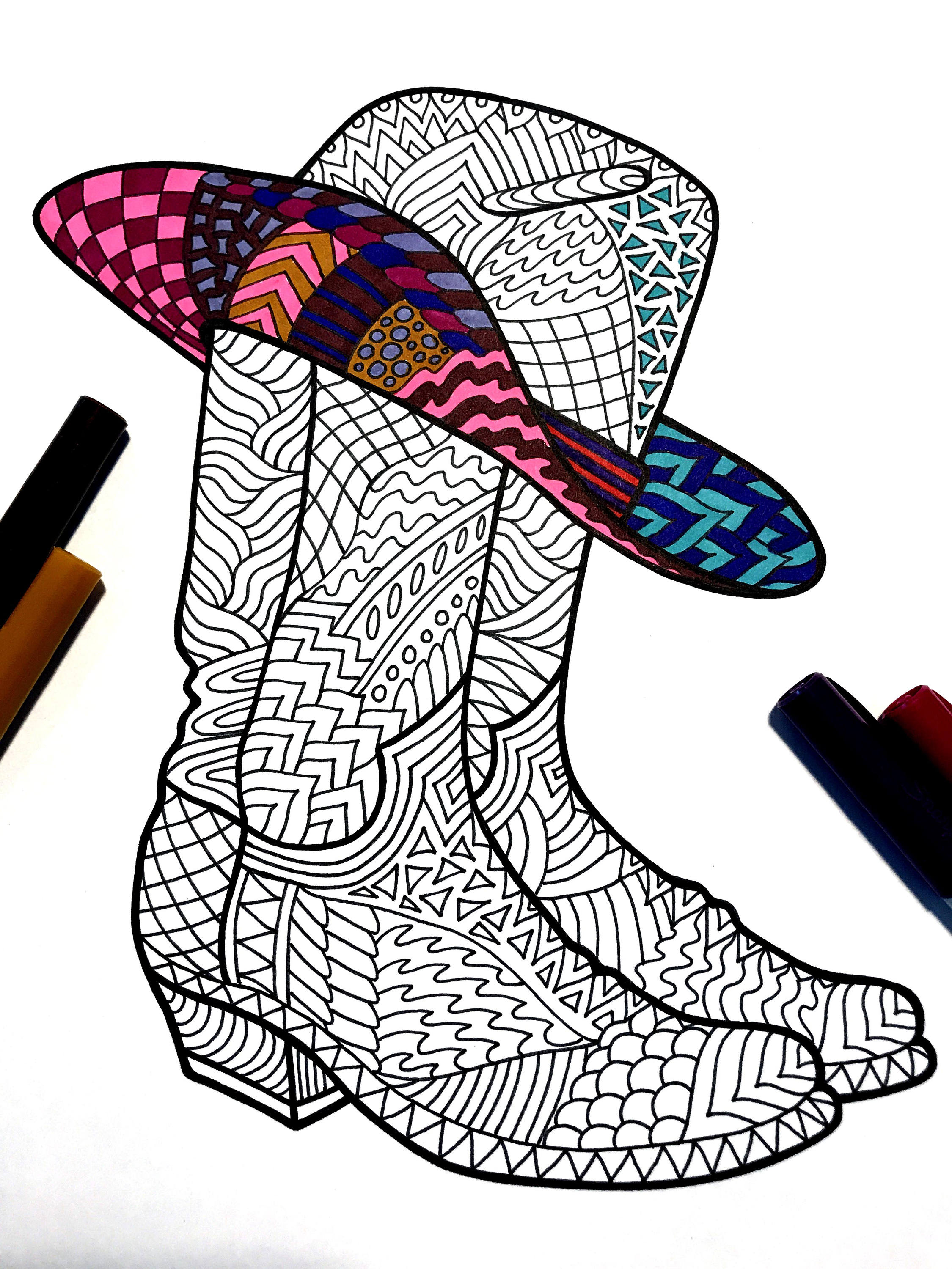 Cowboy boots and hat â pdf zentangle coloring page â scribble stitch