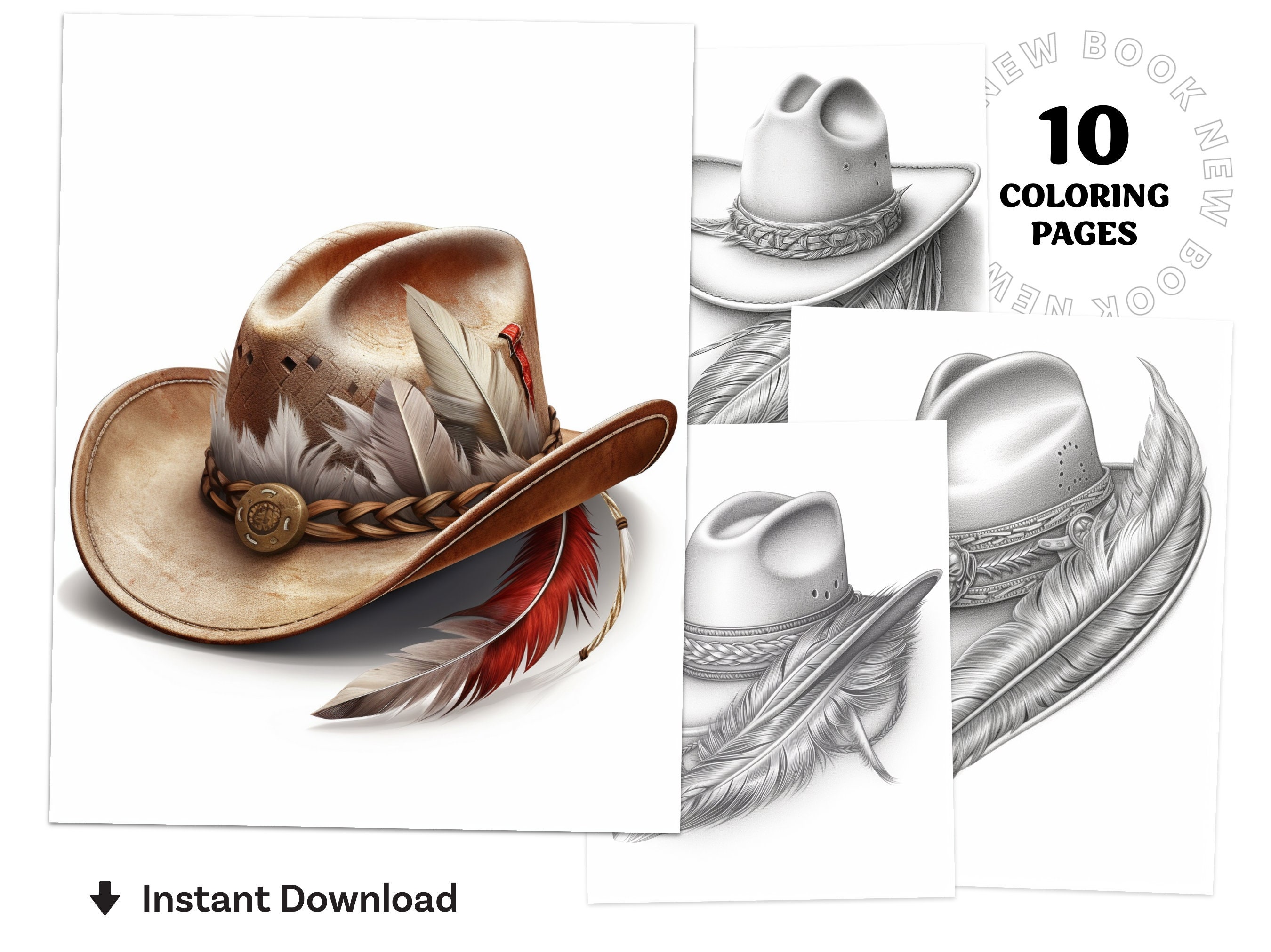 Feathered cowboy hats coloring book printable coloring page for adult coloring book digital download grayscale coloring page