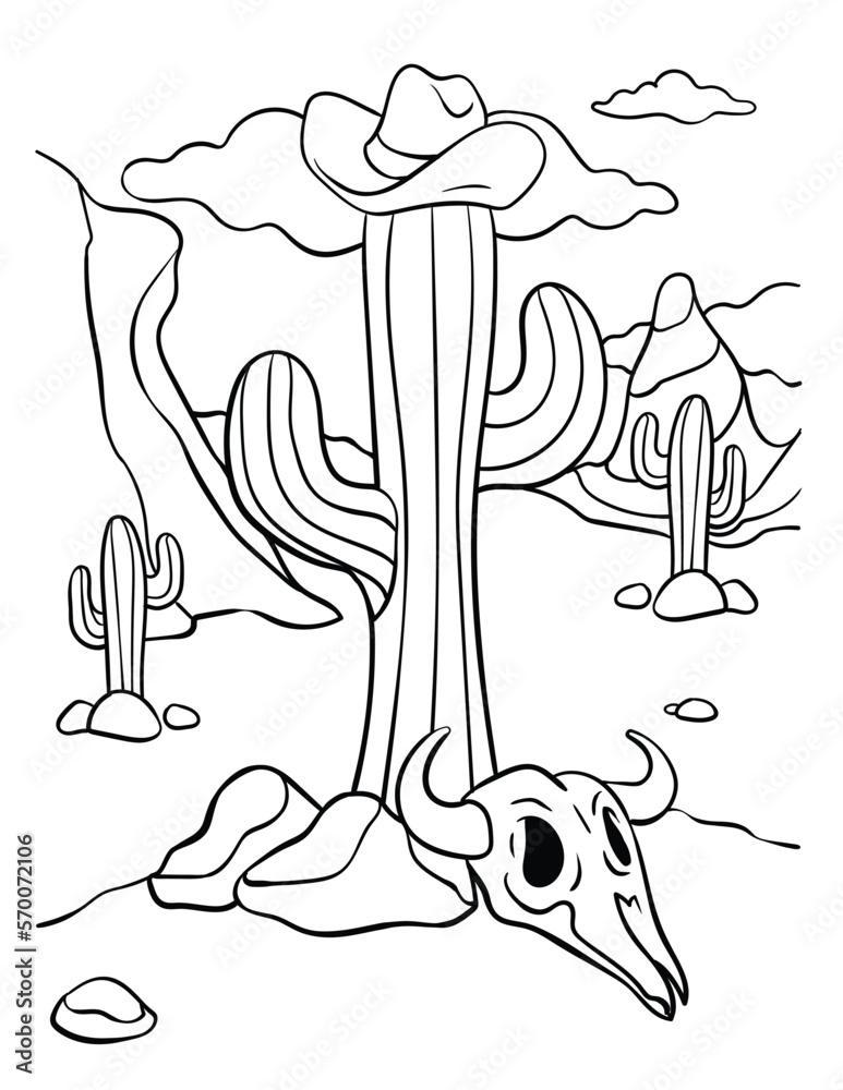 Cowboy hat cactus and bull skull coloring page vector