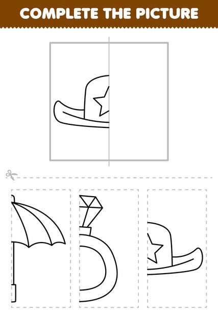 Premium vector education game for children cut and plete the picture of cute cartoon cowboy hat half outline for coloring printable wearable clothes worksheet