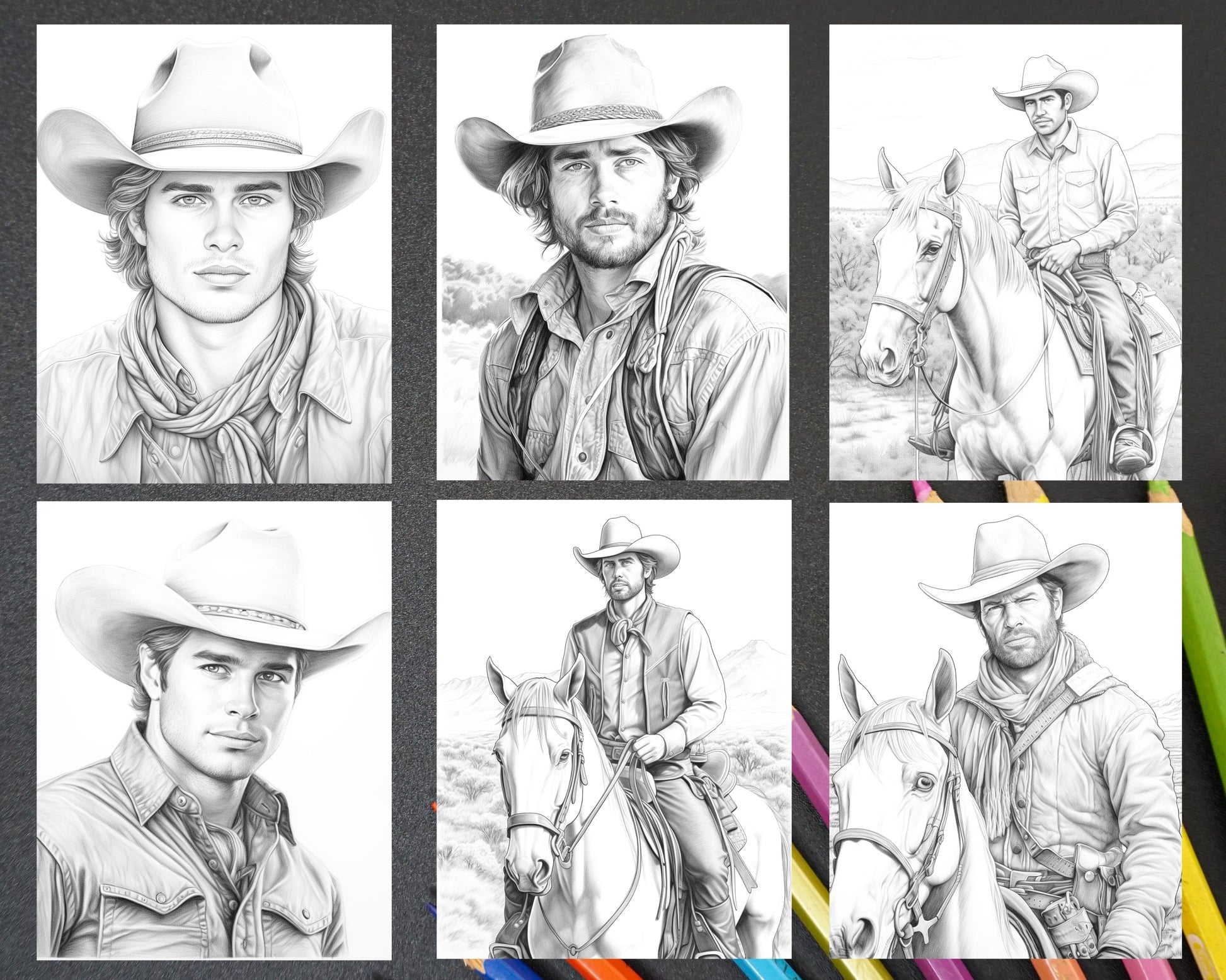 Wild west cowboys grayscale coloring pages printable for adults pd â coloring