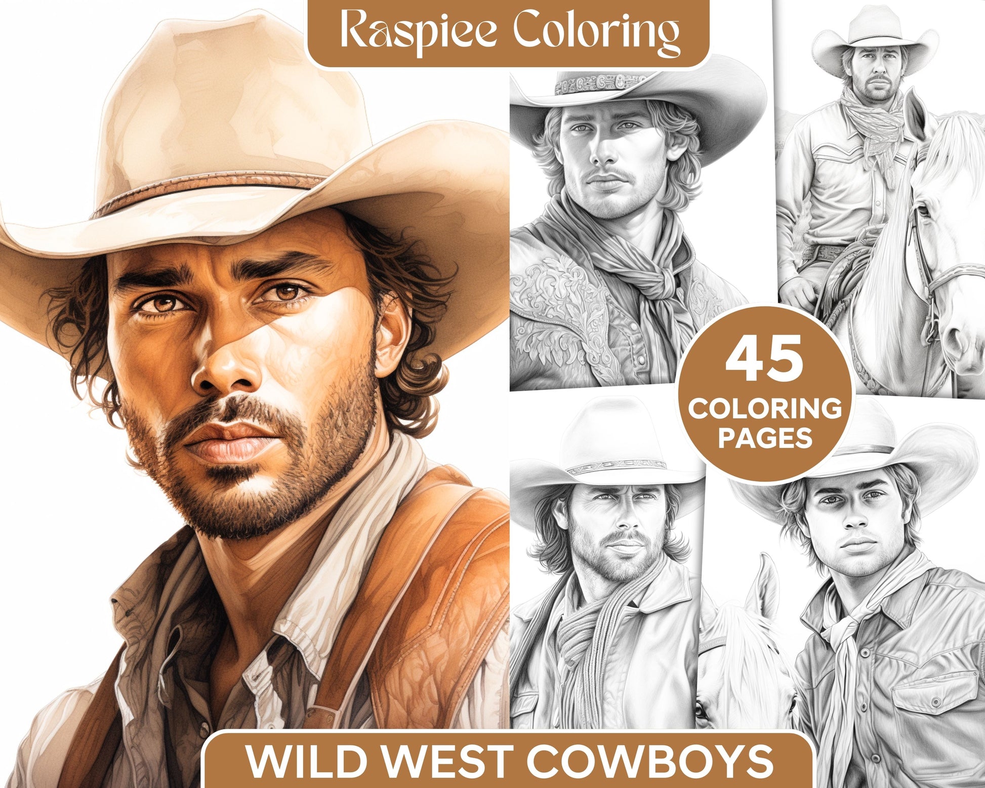 Wild west cowboys grayscale coloring pages printable for adults pd â coloring