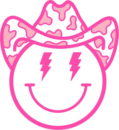 Smiley face with cowboy hat and lightening bolt eyes pink â blue water vinyl gifts