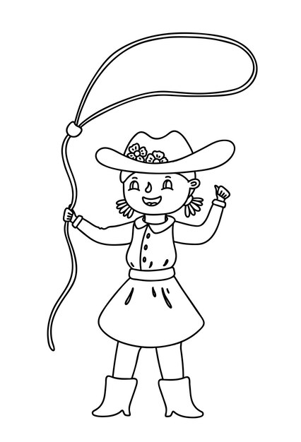 Premium vector cowgirl kid twirling a lasso vector outline illustration for children coloring page