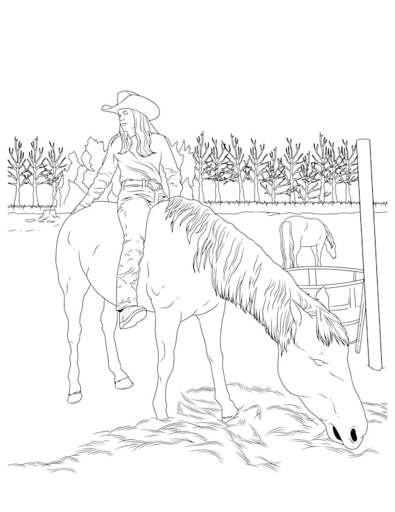 Cowgirls horses coloring for adults printable coloring pages instant download pdf