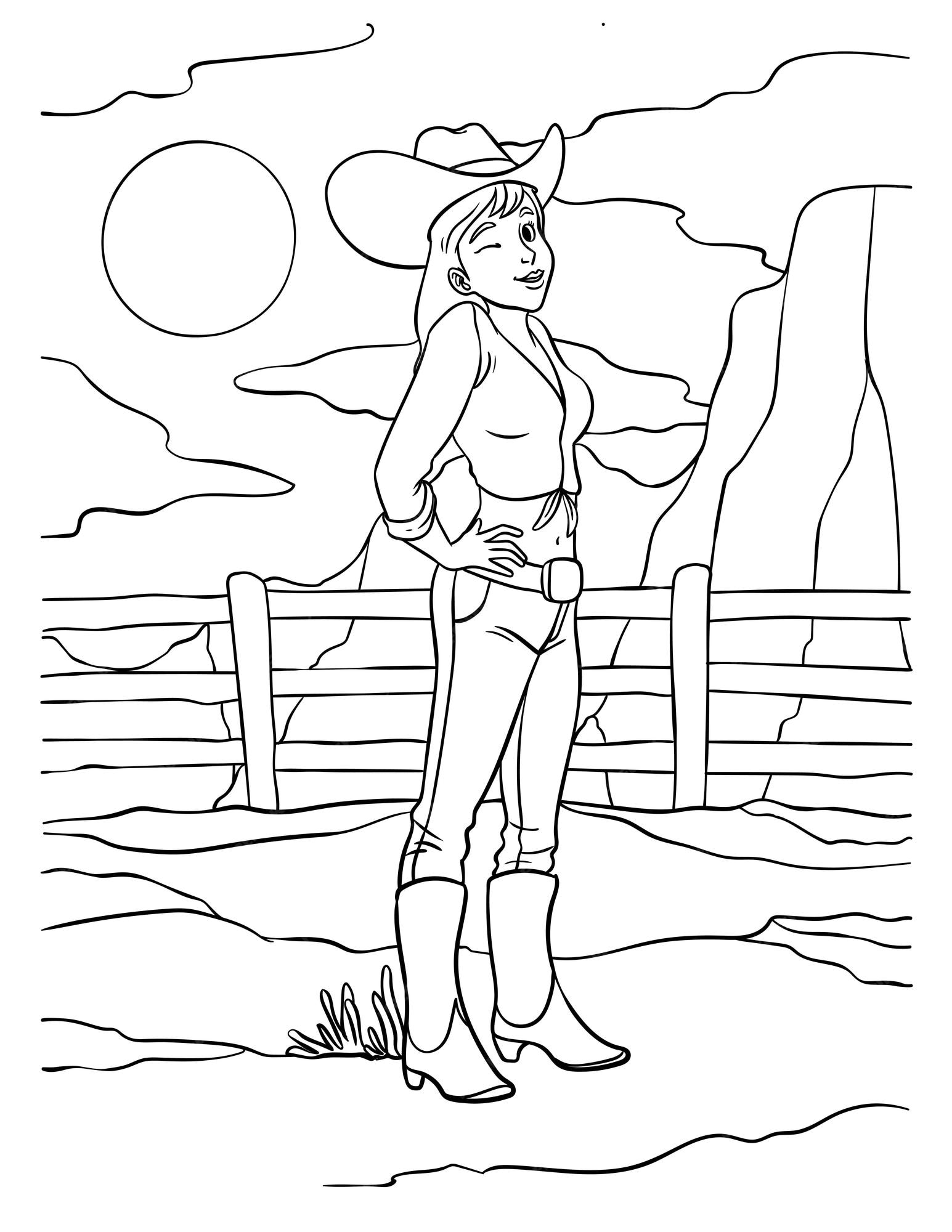 Premium vector cowgirl coloring page for kids