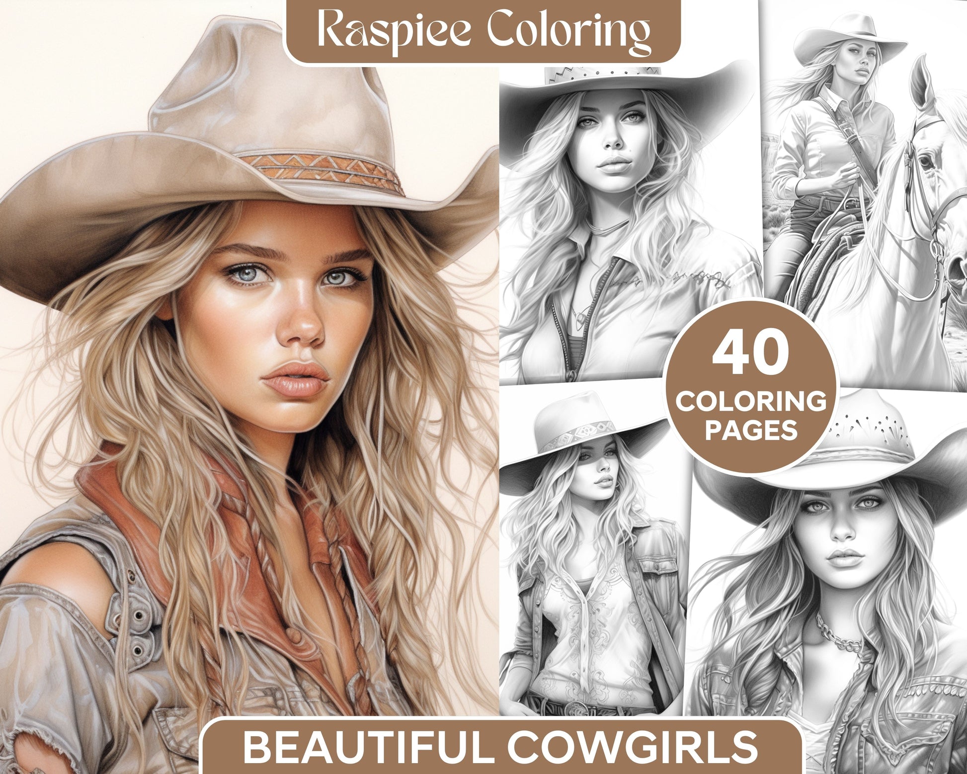 Beautiful cowgirls grayscale coloring pages printable for adults p â coloring