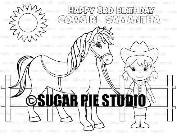 Personalized cowgirl coloring page birthday party favor colouring activity sheet personalized printable template