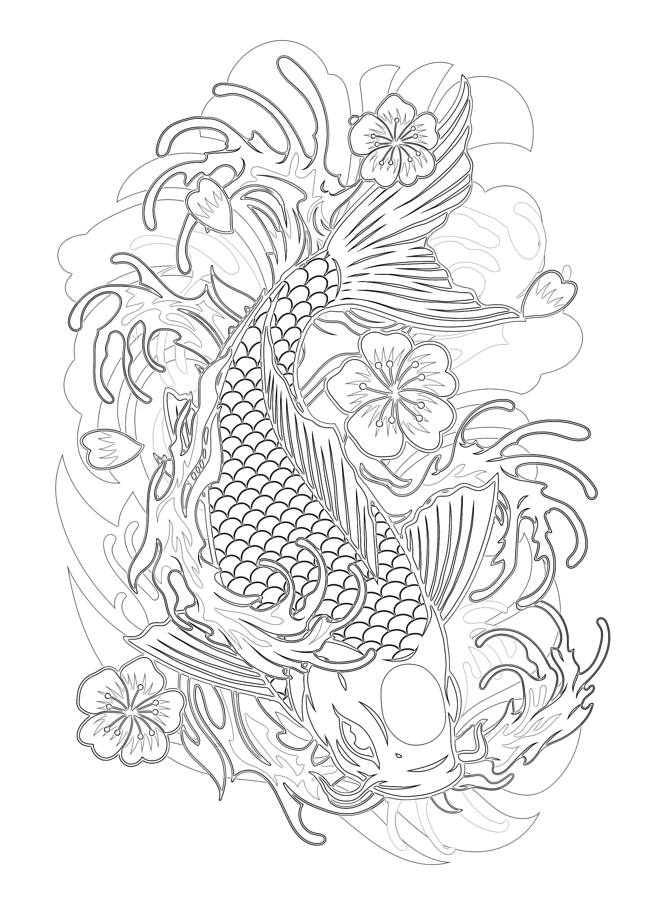 Koi fish in vintage style coloring page