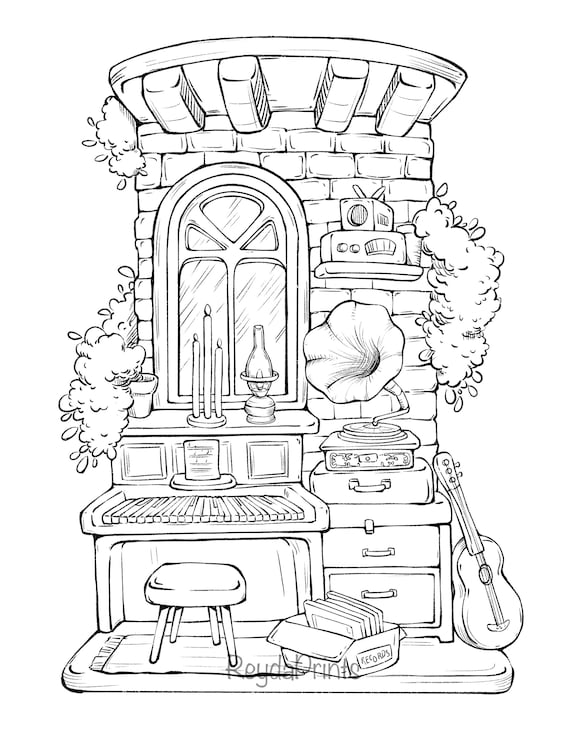 Cozy spaces interiors coloring pages printables rooms procreate png jpg by reydaprints