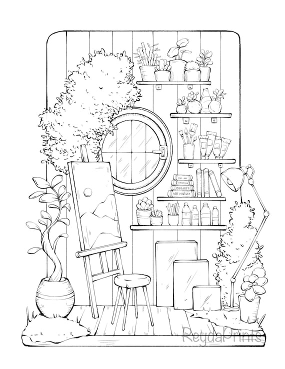 Atelier interior coloring pages cozy plants room furniture procreate jpg png letter size pages reydaprints