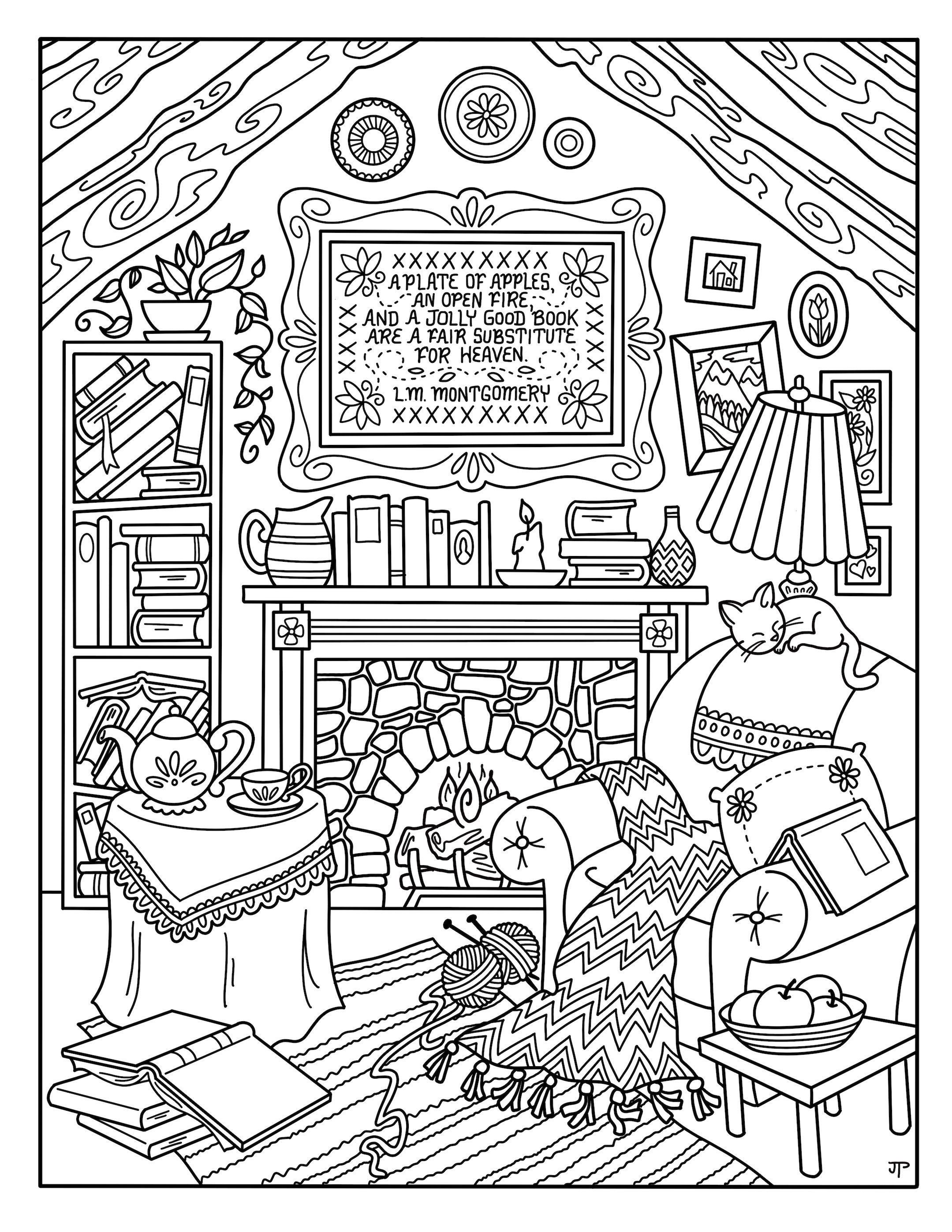 Cozy fireside coloring page lm montgomery quote pdf printable download