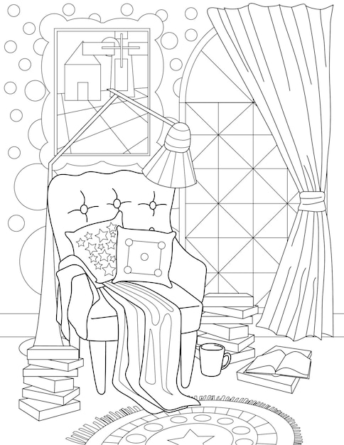 Premium vector coloring page with cozy armchair with pillows and blanket on it sheet to be colored with chair and lamp over books and cup on ground big window and painting