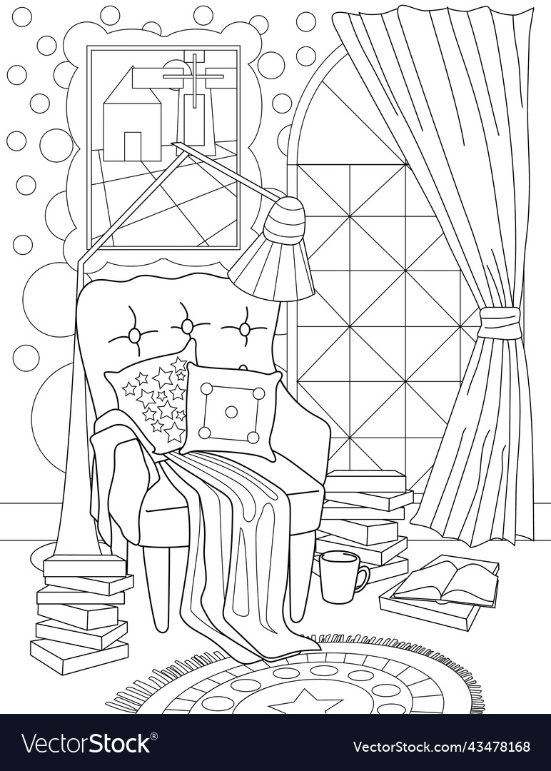 Coloring page with cozy armchair pillows vector image