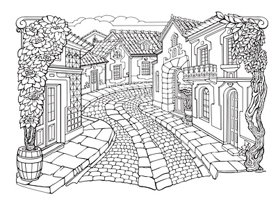 Little cozy town printable coloring page for adults vector by vyart on