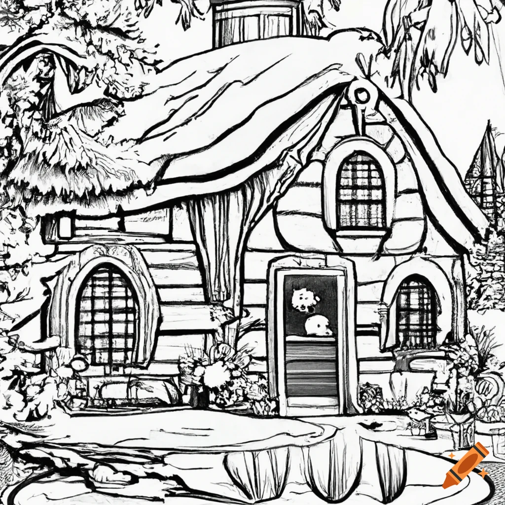 Coloring page of a cozy cottage on