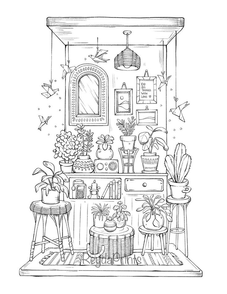 Cozy spaces interiors coloring pages printables rooms procreate png jpg by reydaprints