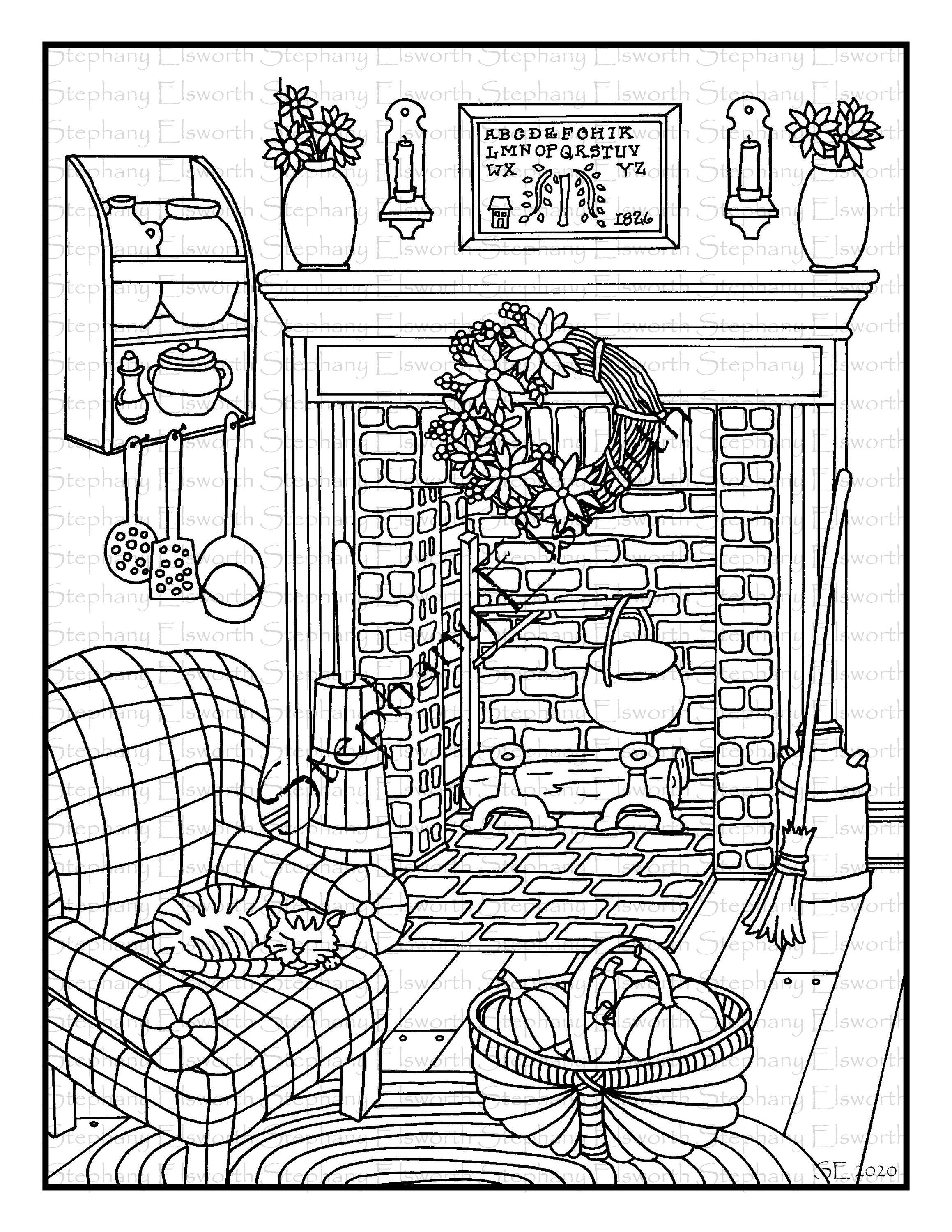 Cozy fall living room x instant download printable coloring page