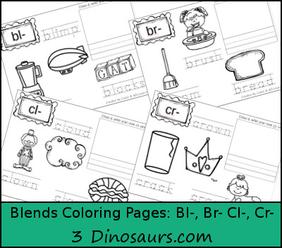 Free blends coloring pages bl br cl cr dinosaurs