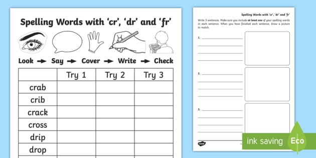 Dr cr and fr words spelling list primary resources