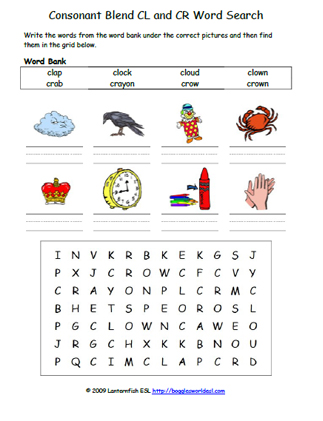 Easy consonant blends cl and cr word search