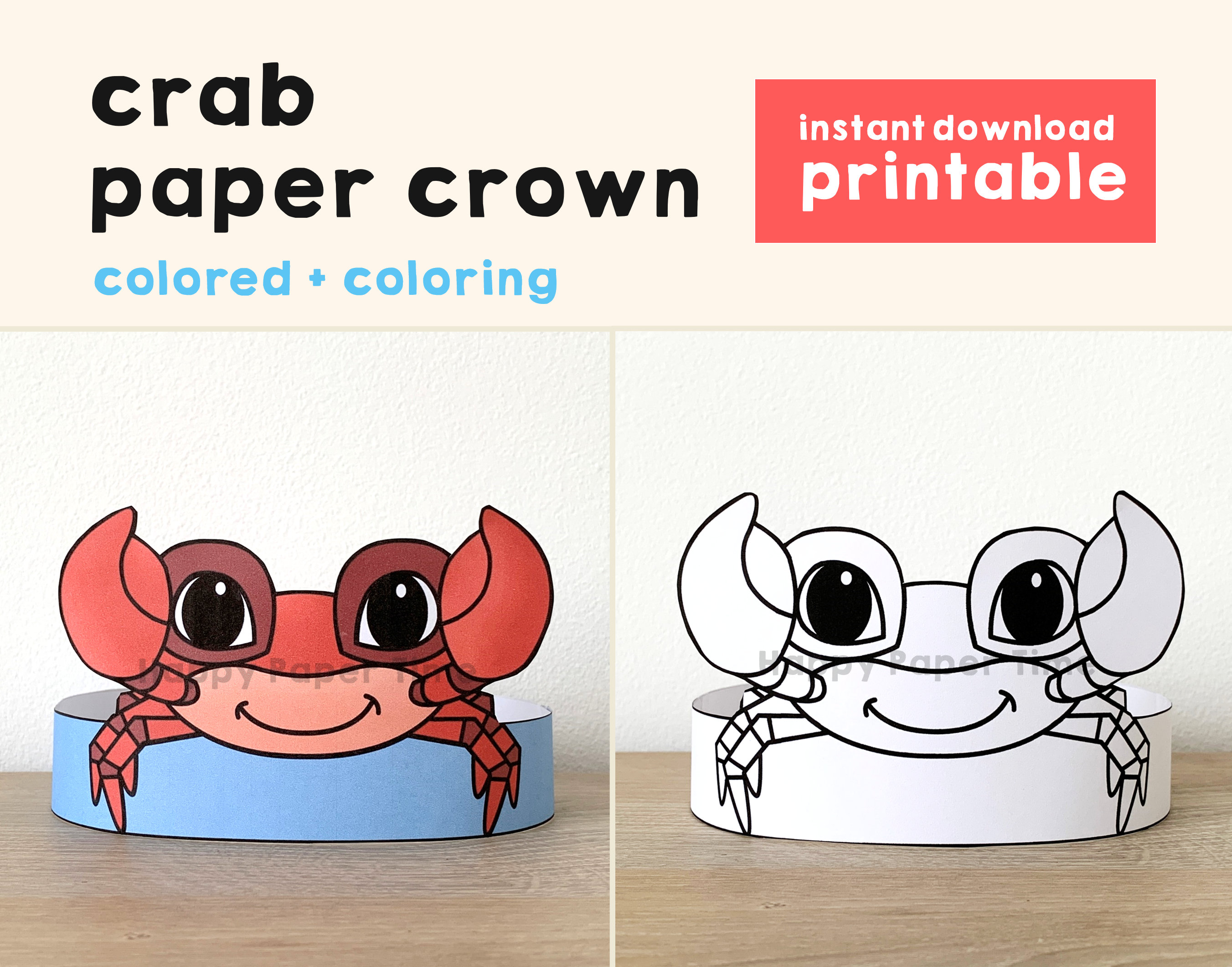 Crab paper crown party coloring printable party hat kids craft ocean animal birthday template favor pdf costume diy instant download