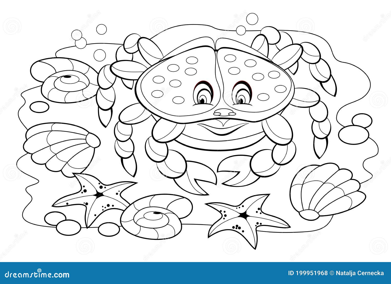 Black and white page for baby coloring book illustration of cute crab and underwater life printable template for kids stock vector