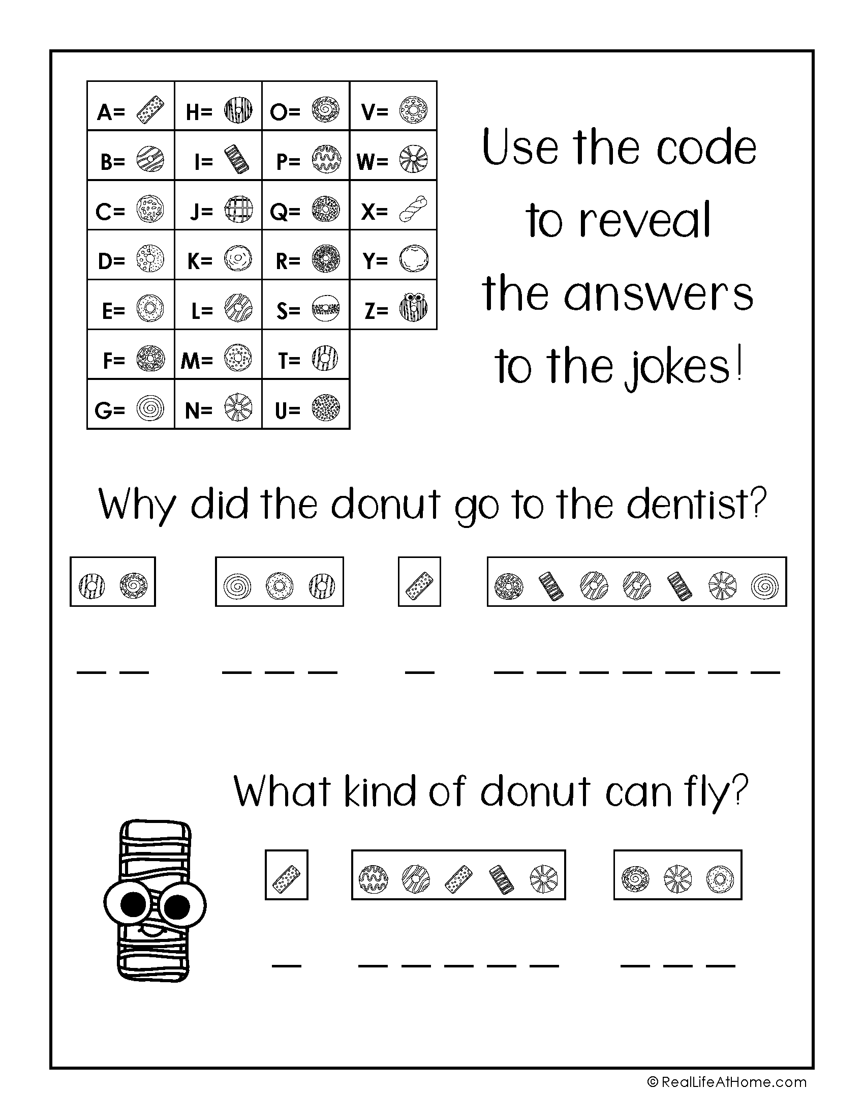 Crack the code puzzles free printable featuring donut jokes