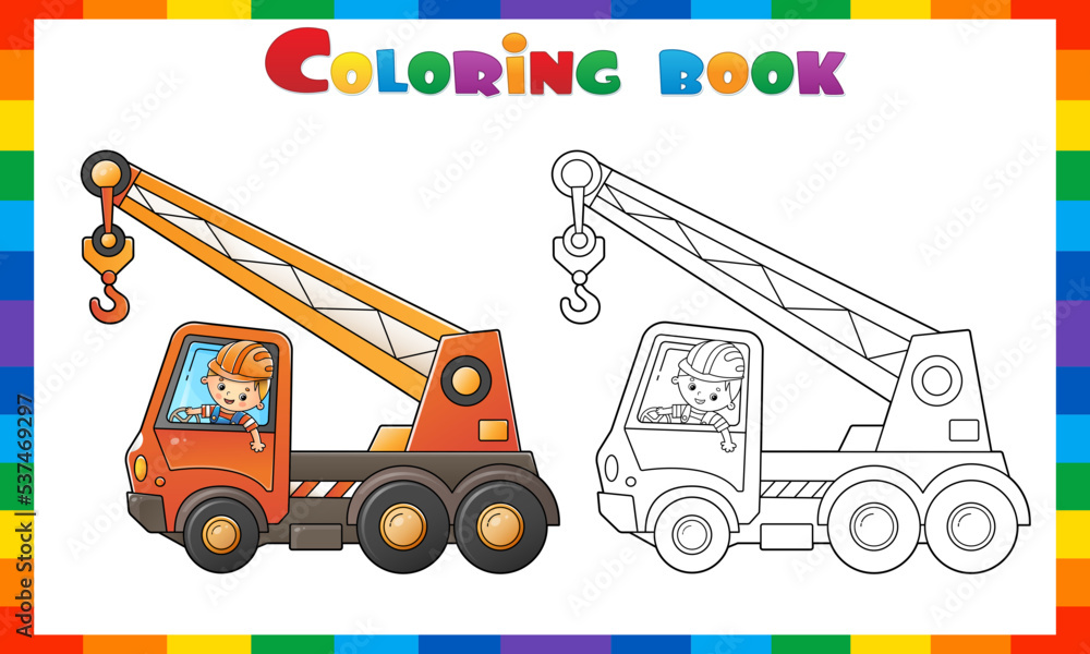 Coloring page outline of cartoon truck crane with worker construction vehicles coloring book for kids vector