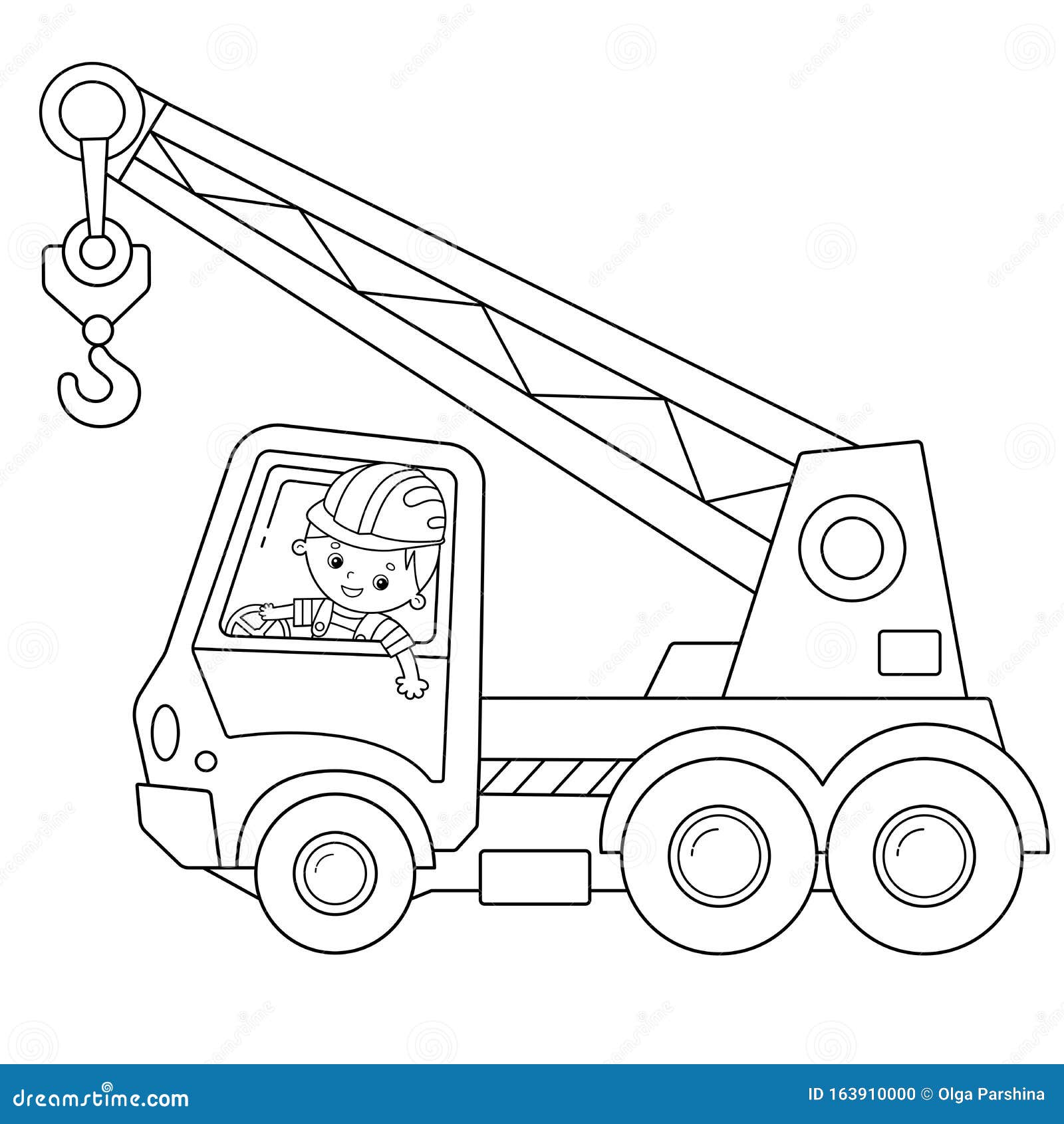 Coloring page outline of cartoon truck crane construction vehicles stock vector