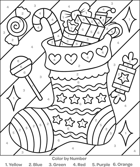 Color by number christmas stocking coloring page