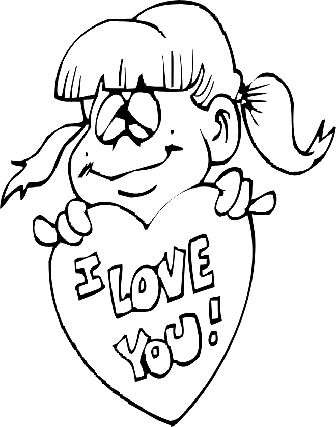 Valentine coloring page a girl holding an i love you card