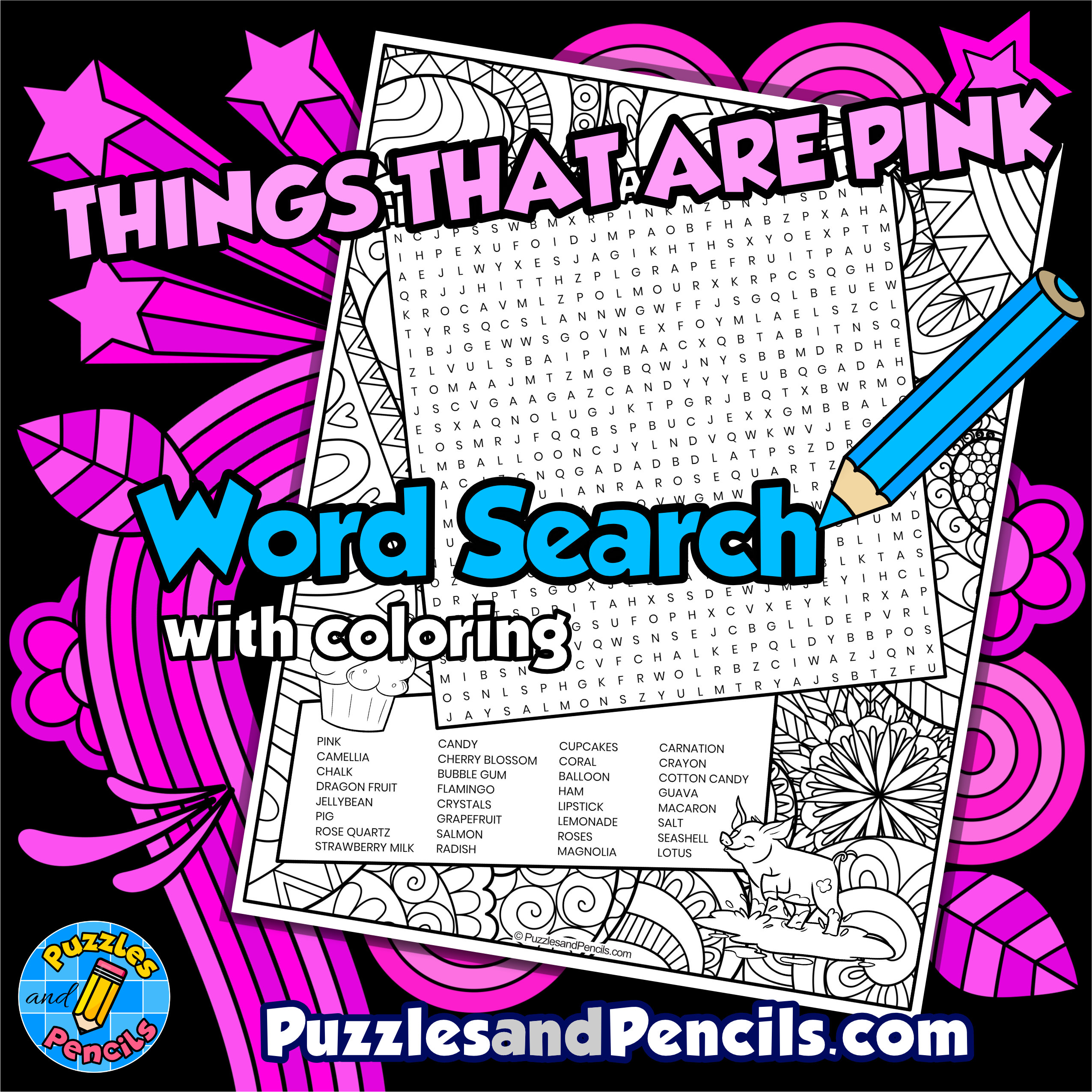 Things that are pink word search puzzle with coloring wordsearch made by teachers