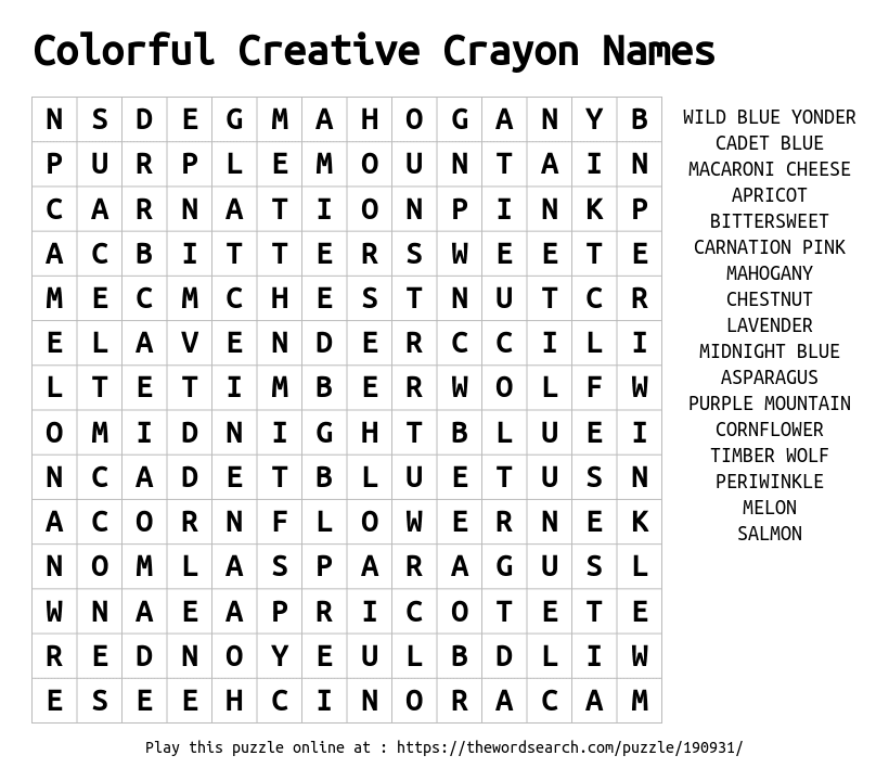 Download word search on colorful creative crayon names