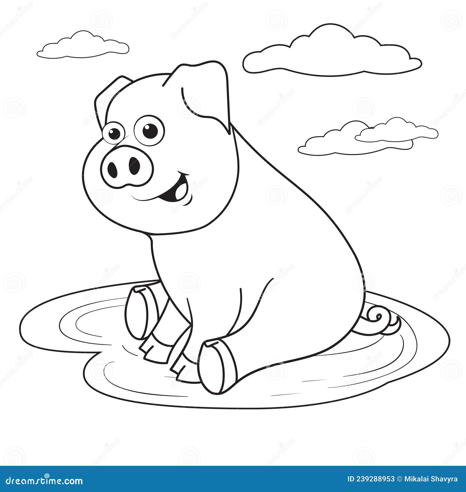 Coloring page outline of cartoon pig in puddle page for coloring book of funny piglet for kids stock vector