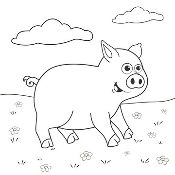 Coloring page outline of cartoon pig on lawn page for coloring book of funny piglet for kids activity colorless picture about cute animals anti