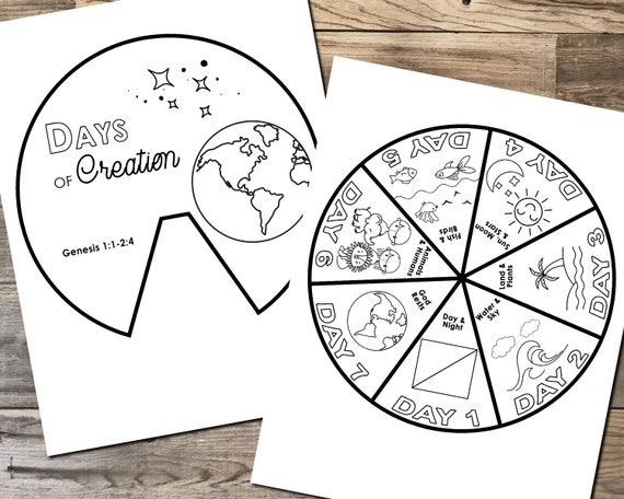 Days of creation coloring wheel printable bible activity watercolor kids bible lesson memory game sunday school