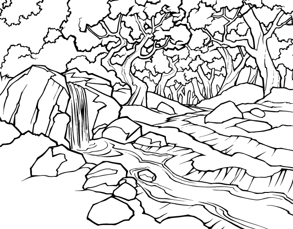 Forest landscape with a river coloring page