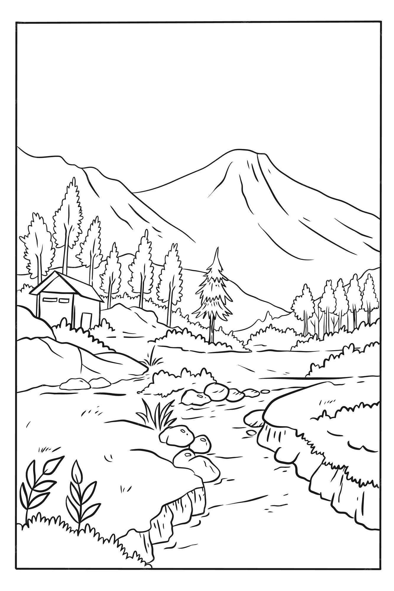 Premium vector coloring page of a mountain scene with a river and a house in the background