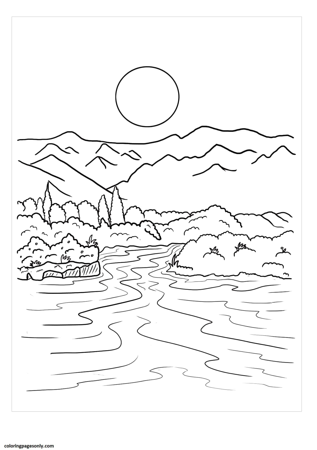 Mountain and river coloring page